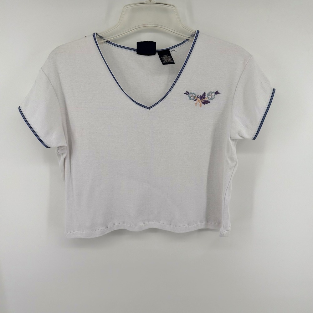 Y2K‎ Route 66 Womens Baby Tee White V-Neck Embroidered Knit Crop Top Size Medium